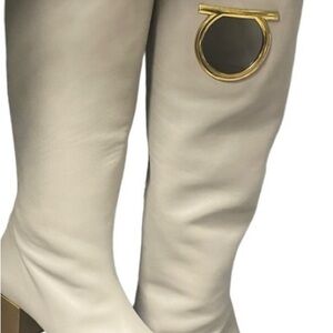 Salvatore Ferragamo Cream Over the Knee Boots with Gold Ring Size 9.5